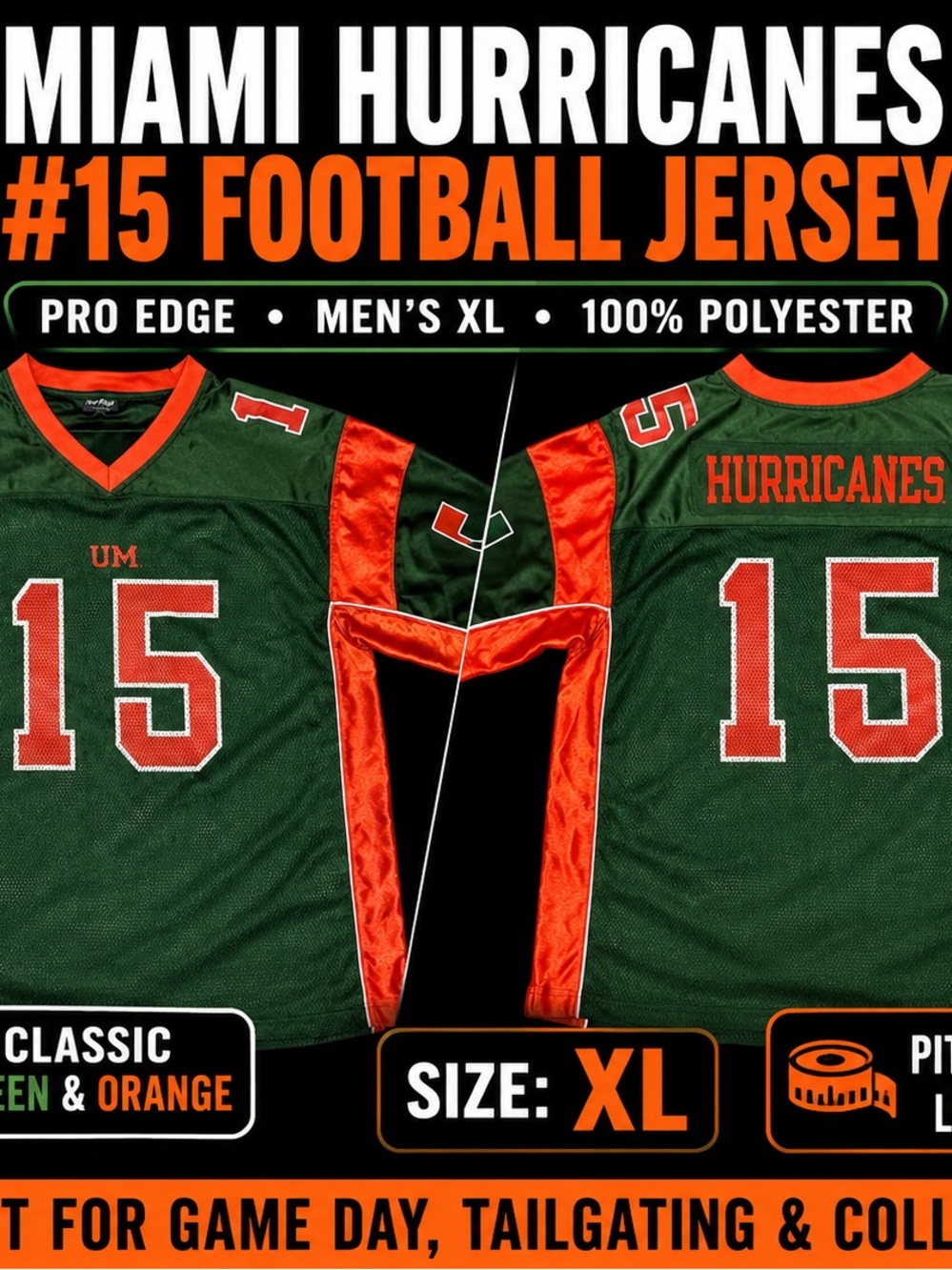 Pro Edge Miami Hurricanes #15 Green and Orange Football Jersey